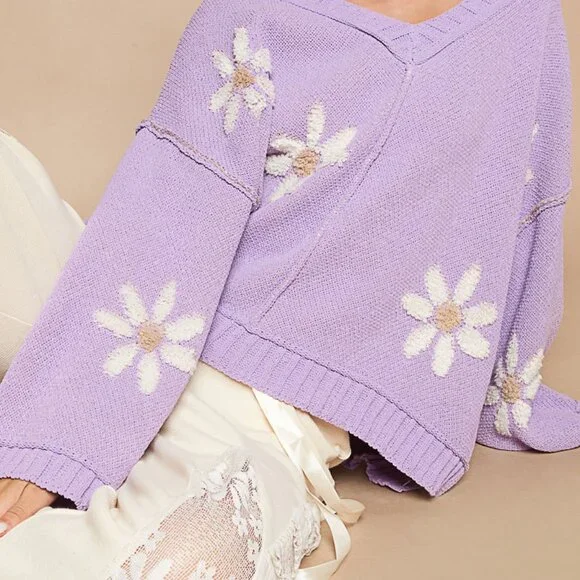 Just In! Pol Lilac Sweater with Cream Flowers NWT Sz S-L - Picture 6 of 6